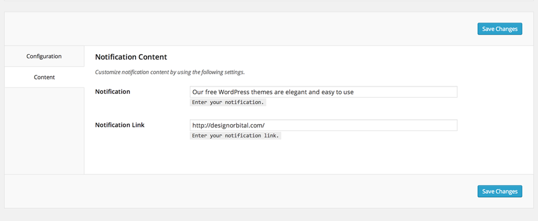 Notificaton content settings for the WordPress Easy Sticky Notification Bar plugin.