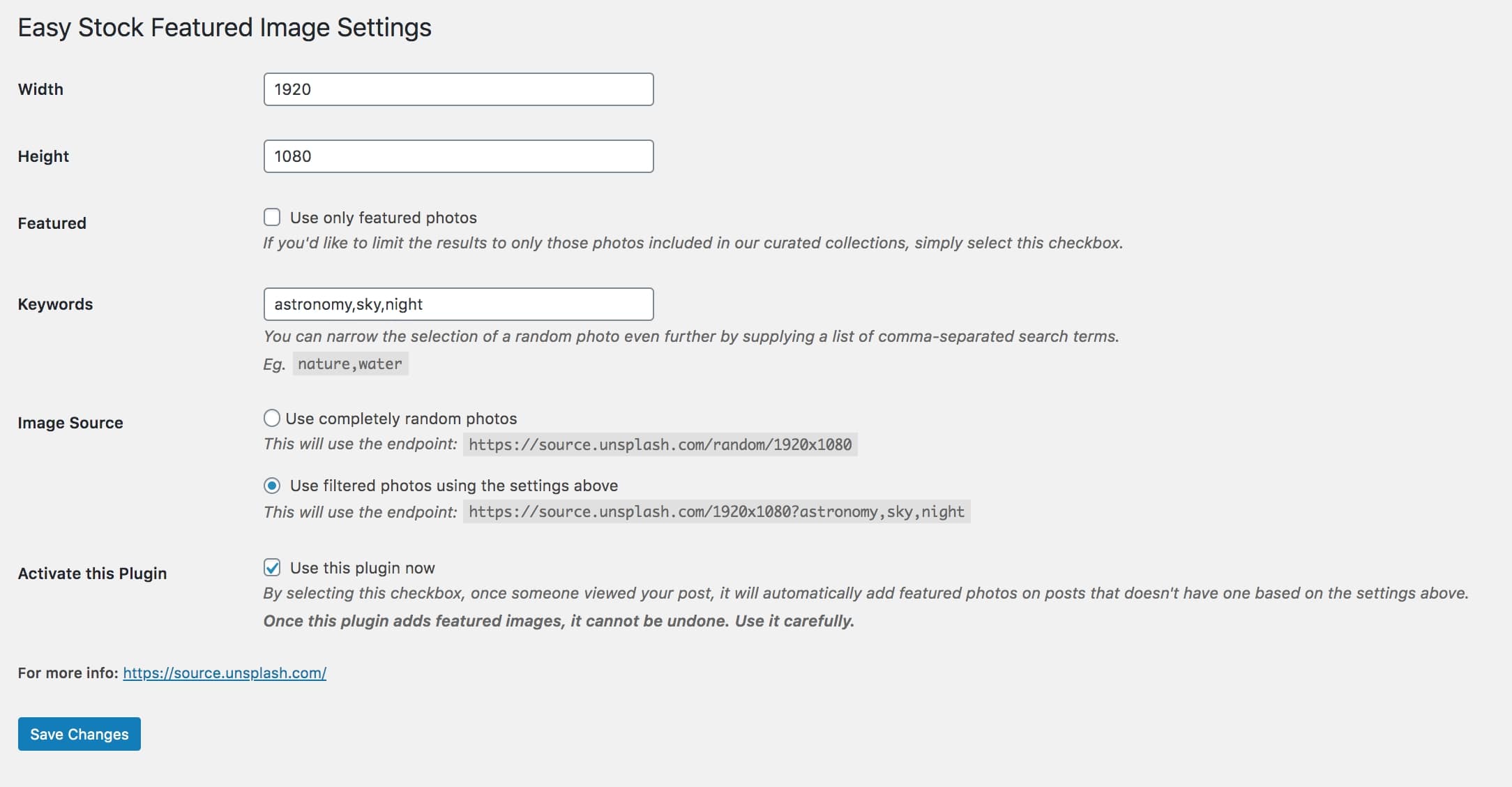 Easy Stock Featured Image settings and preferences.