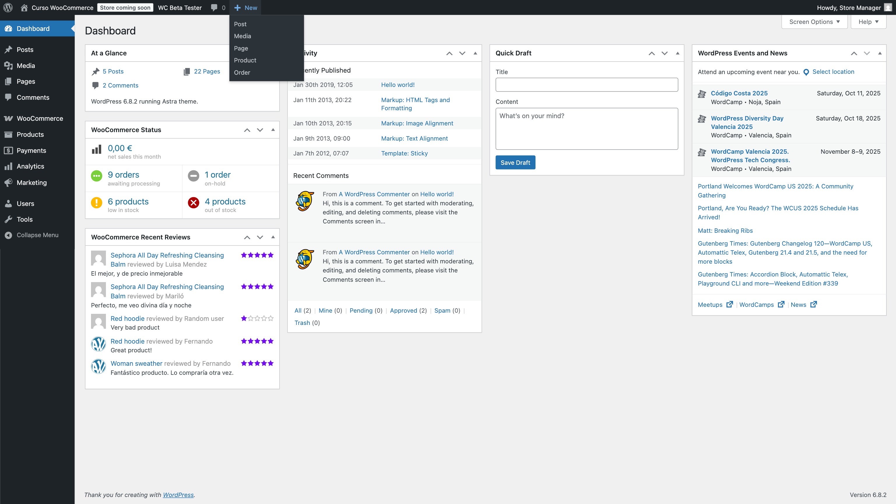 Clean and reorganized dashboard, showing only store-related options for shop managers
