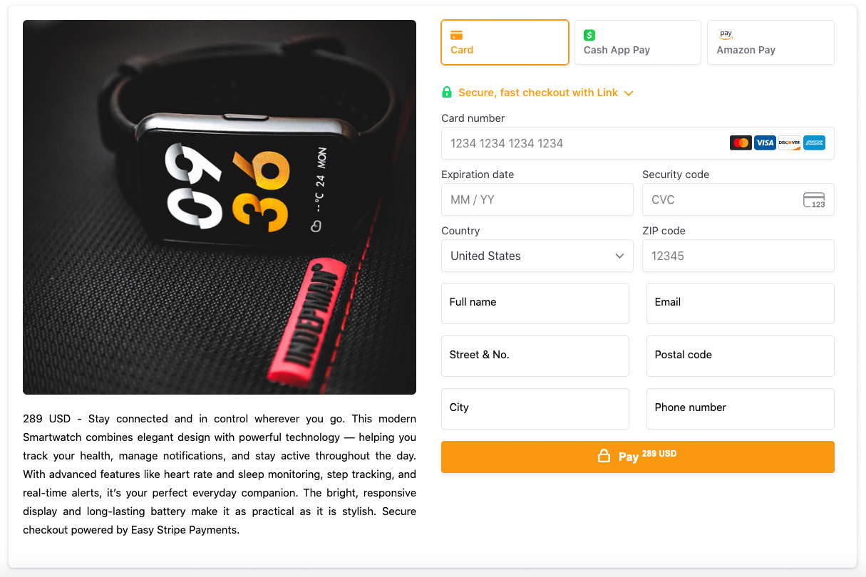 Example of a physical product (Smartwatch) integrated with Stripe Checkout
