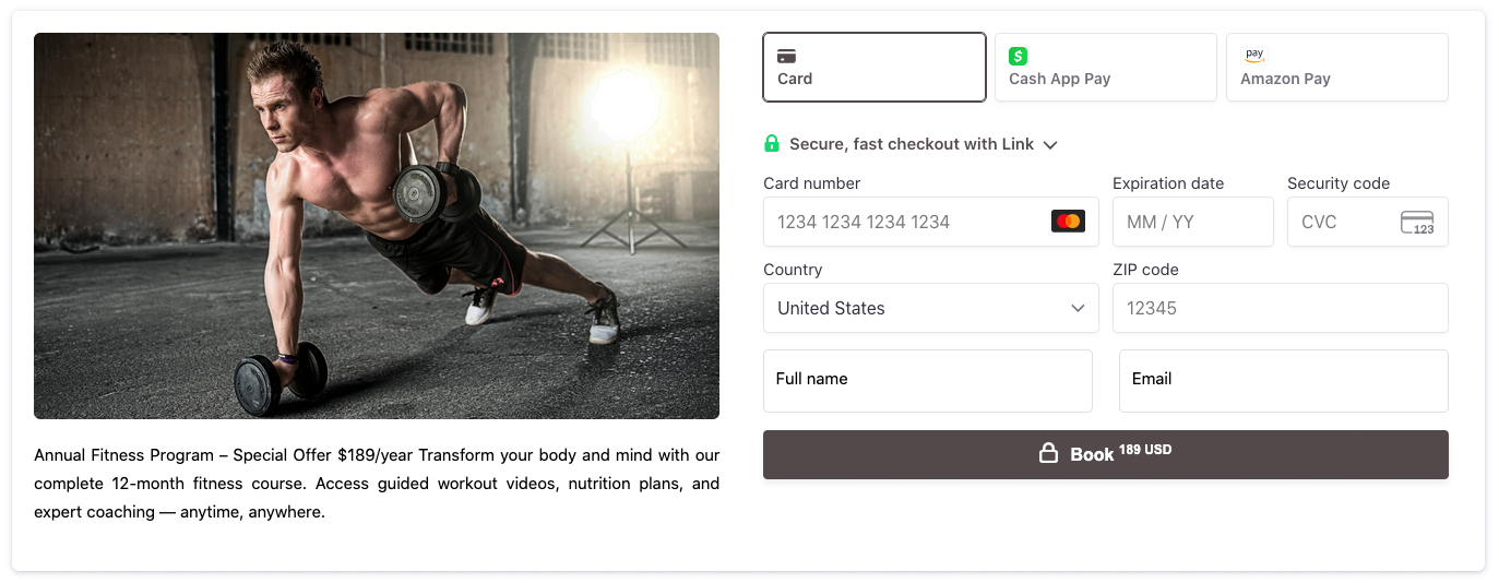 Demo of an annual fitness or coaching program with custom Stripe Checkout form, image, and description