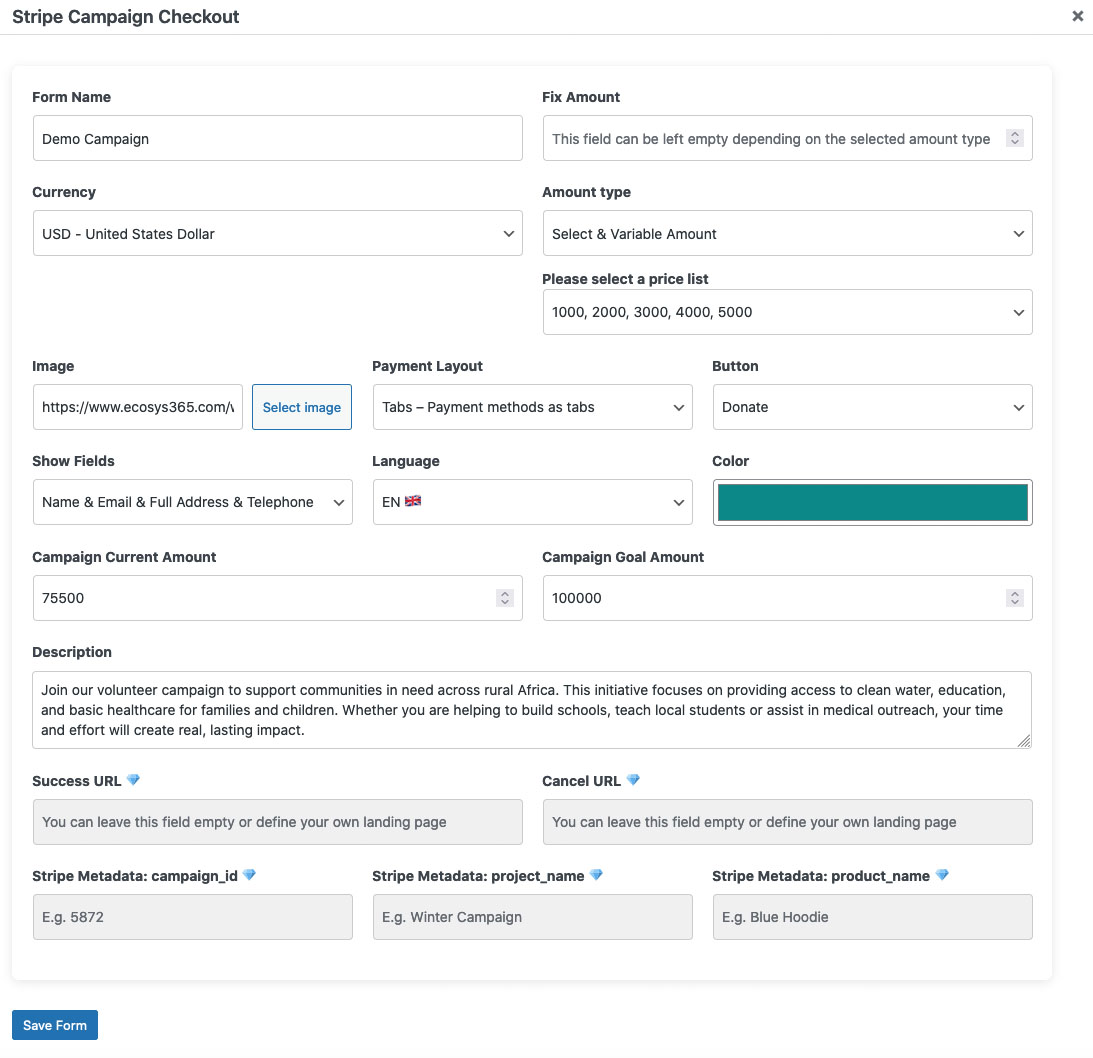 Admin settings page (Stripe Checkout configuration)