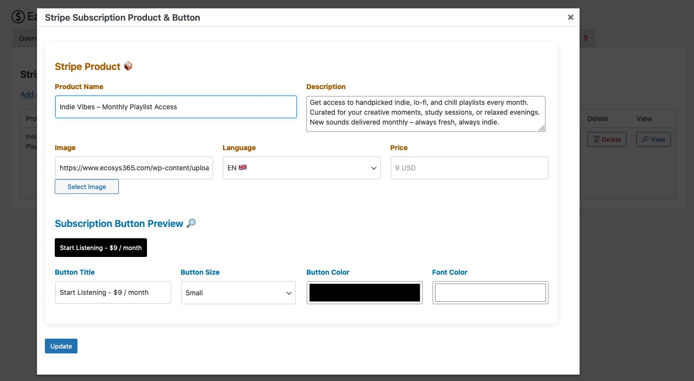 Edit an existing Stripe subscription product and link it with a checkout button