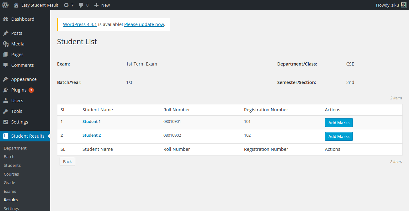 Frontend Students Listing