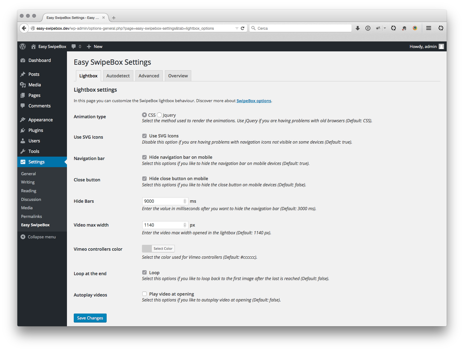 Easy SwipeBox setting page