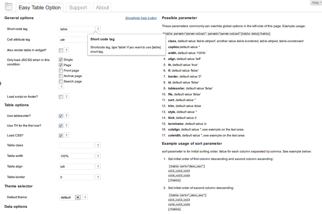 Easy Table options page
