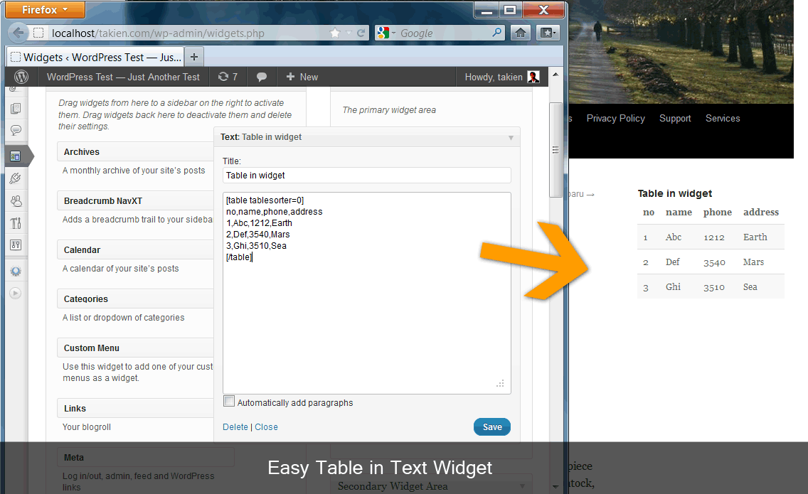 Easy Table in text widget