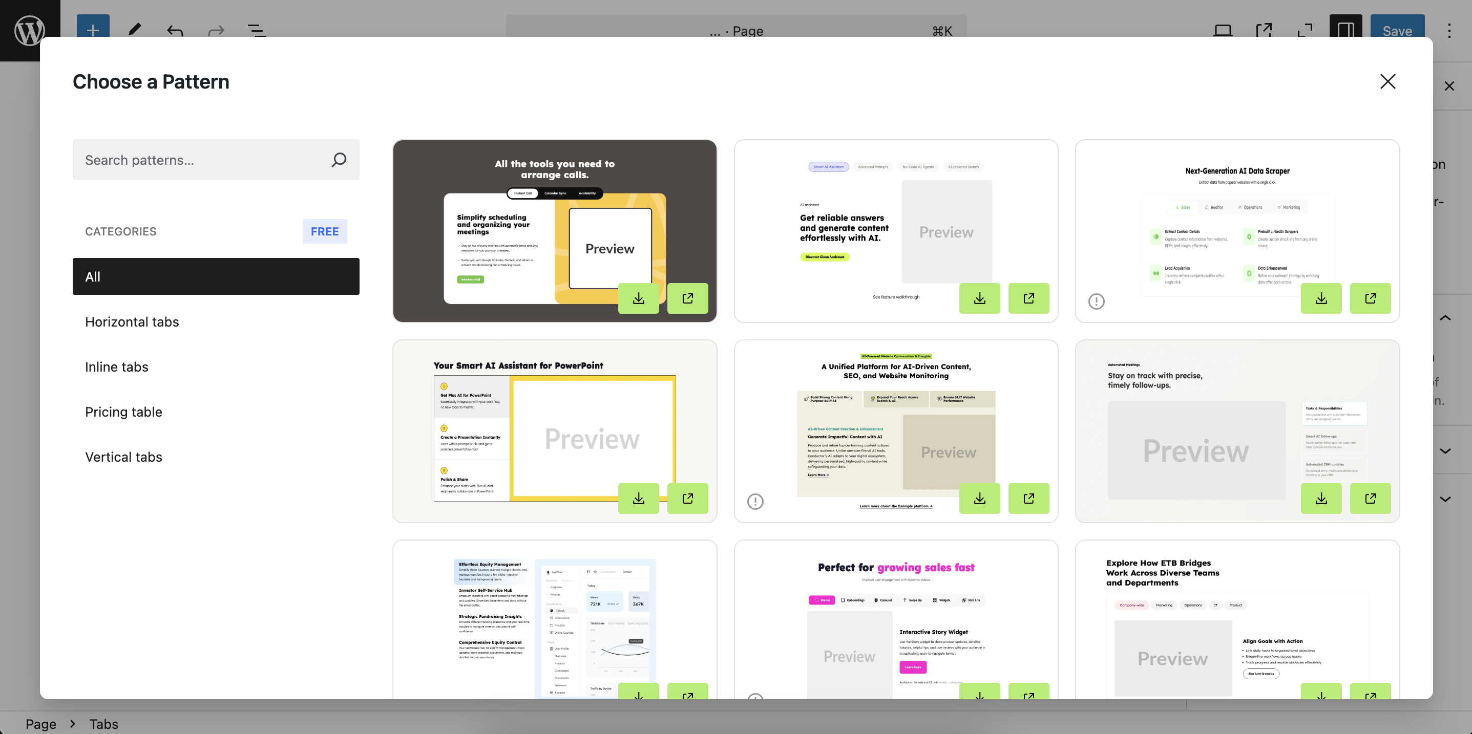 Patterns library with one-click import options.