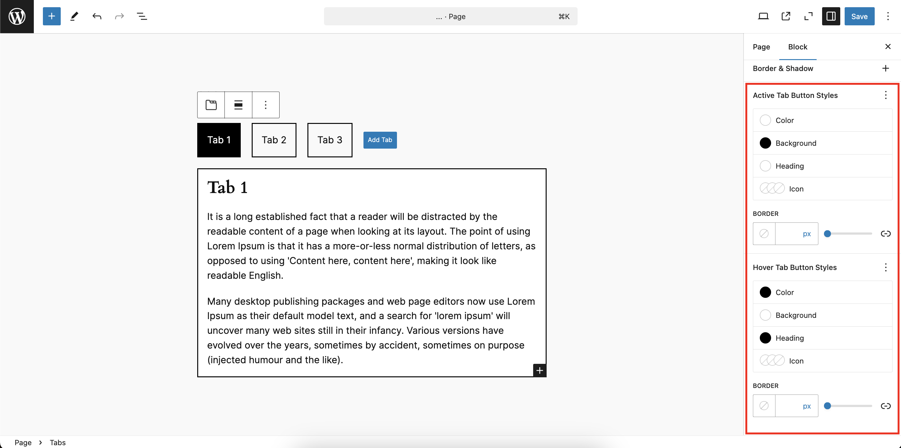 Style customization panel for active/hover states.
