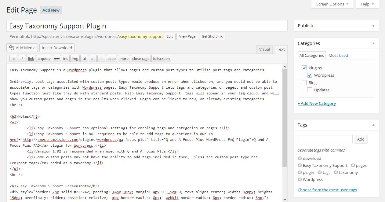 Wordpress page editor with tags and categories enabled.