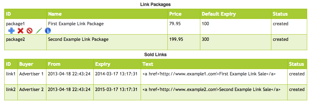 The Admin Page. The tool bar appears as you hover over a row in the Links Packages or Sold Links table.