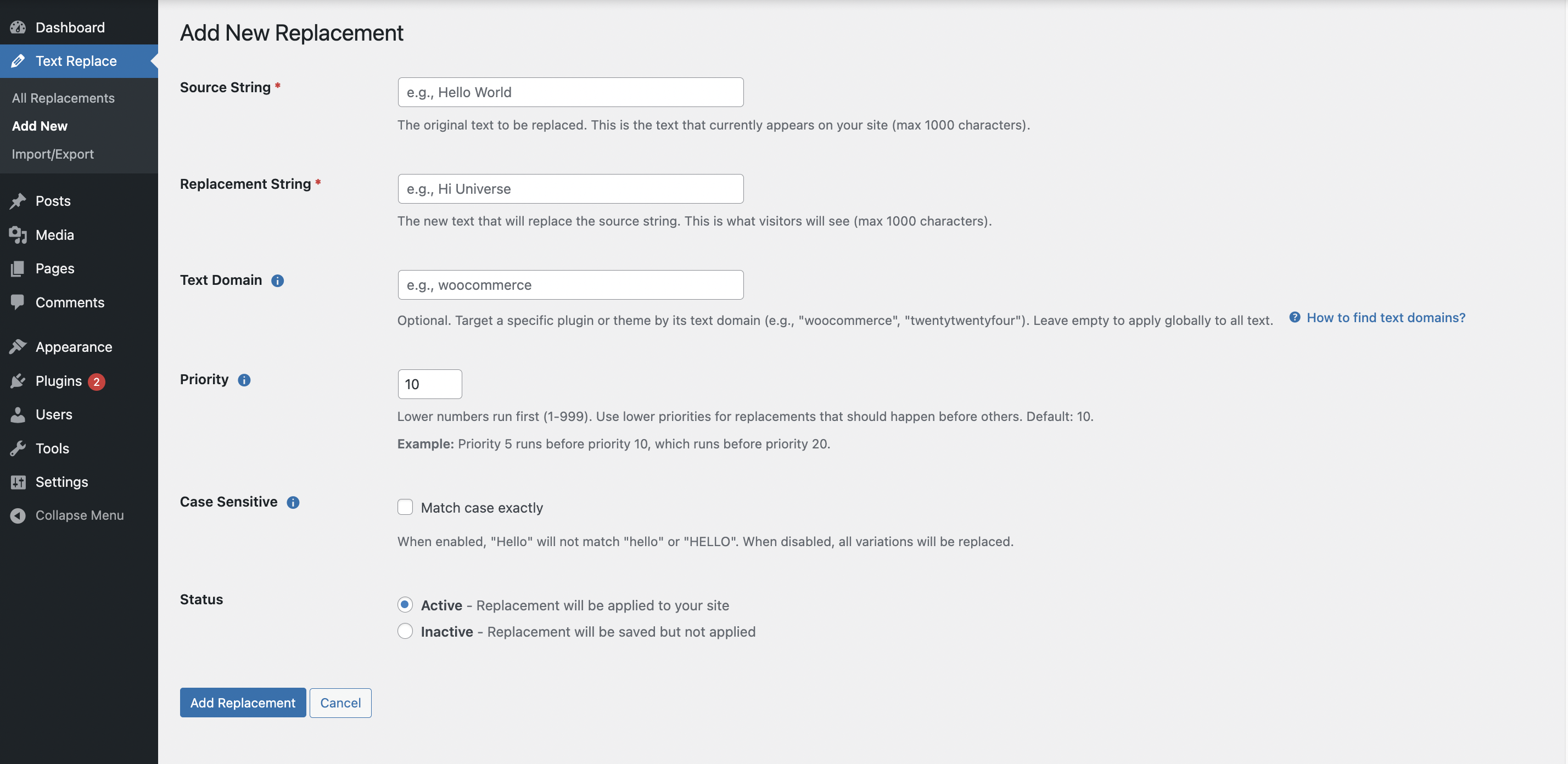 Add New Replacement - Simple form to create new text replacements with all options