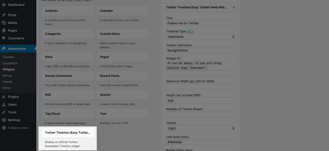 Easy Twitter Feed Widget: You may place your twitter feed in the sidebar or any other widgetized area of your WordPress theme by placing Easy Twitter Feed Widget.