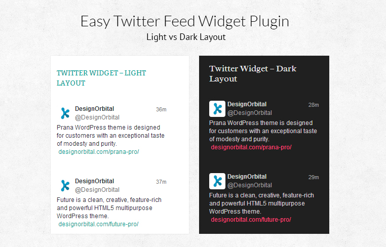 Easy Twitter Feed Widget Frontend Example: You can use our twitter widget with any color scheme of your WordPress theme. This is an example of Light and Dark WordPress theme layout.