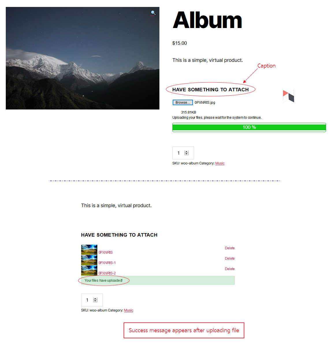 A warning will appear if upload field is required and file is not uploaded