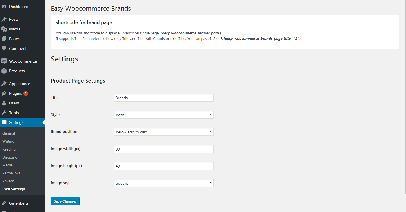 Settings of Easy woocommerce brand plugin.