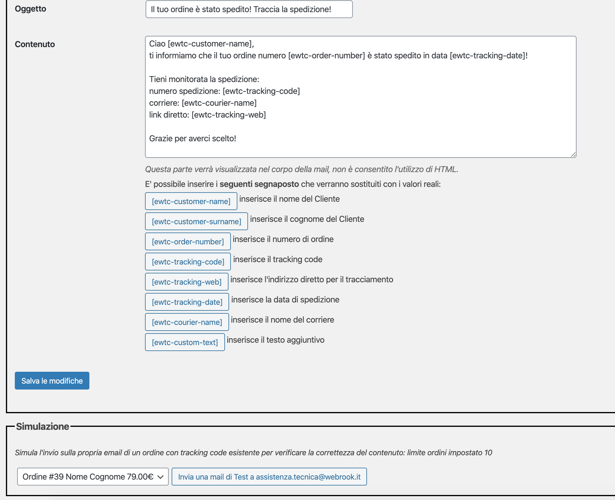 Personalizzazione email e simulazione invio