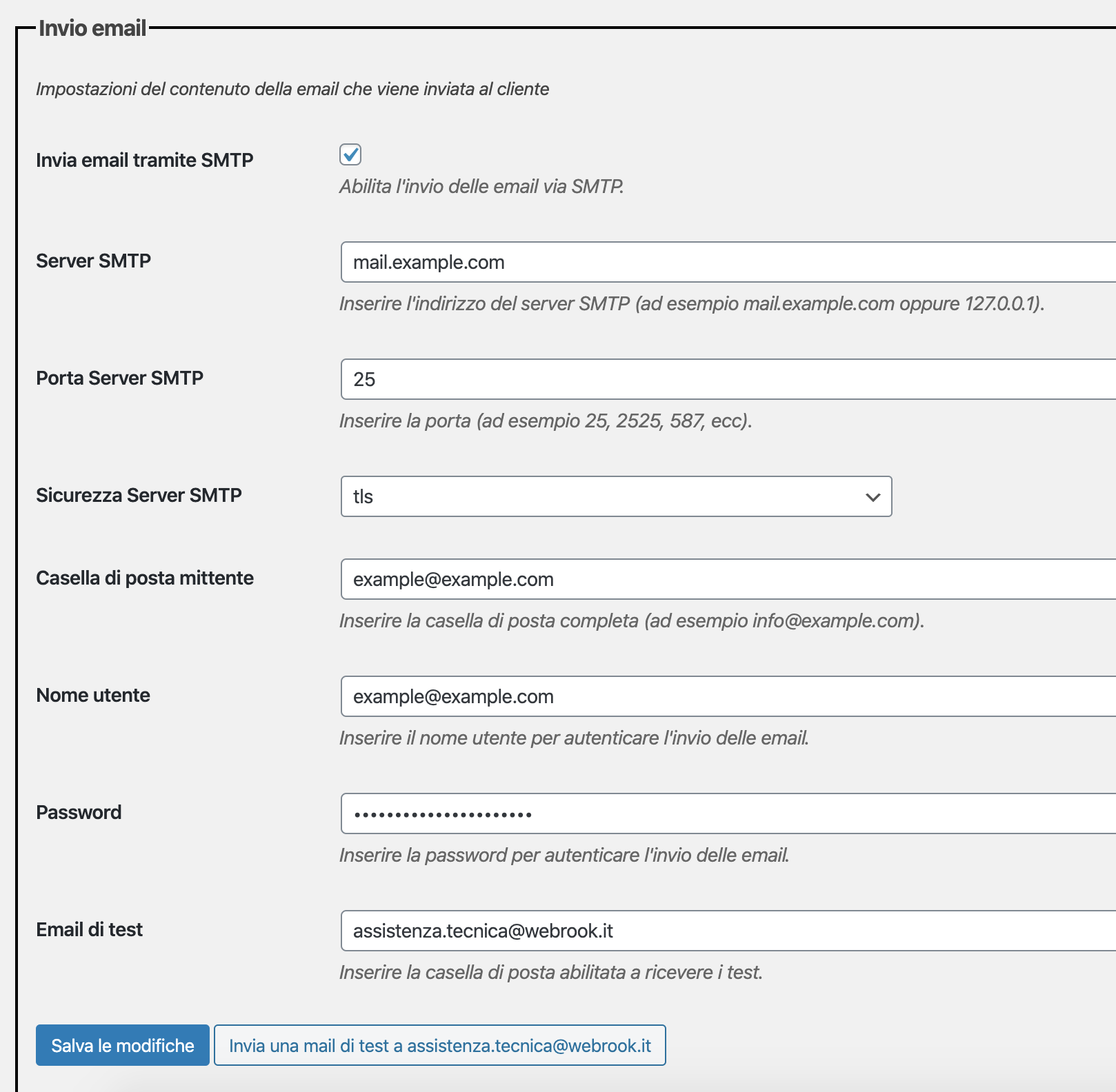 Impostazioni di invio email SMTP