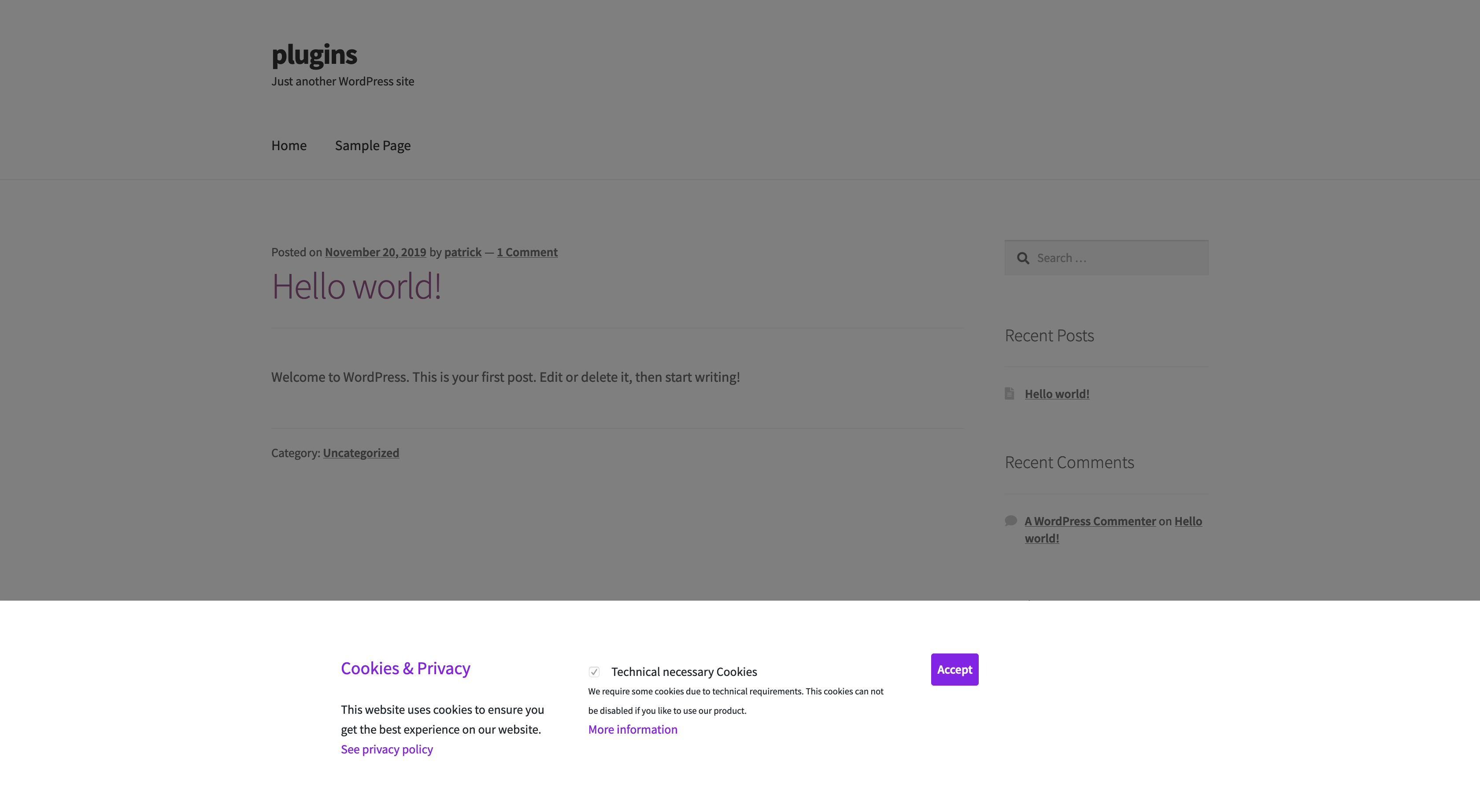 Cookie Optin-Box in frontend (bottom)