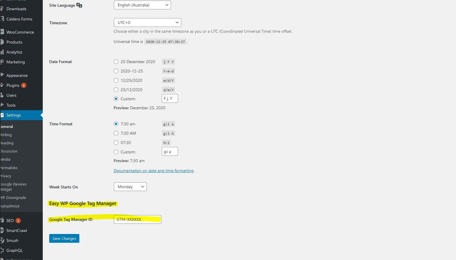 This plugin will add a field to Settings > General for your Google Tag Manager's ID. Add your ID and that's it!