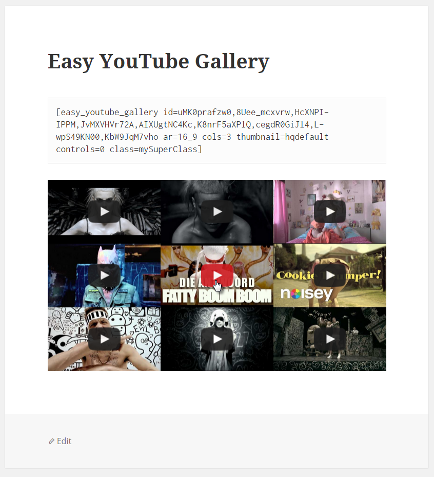 Easy YouTube Gallery full shortcode and 9 videos distributed to 3 column example