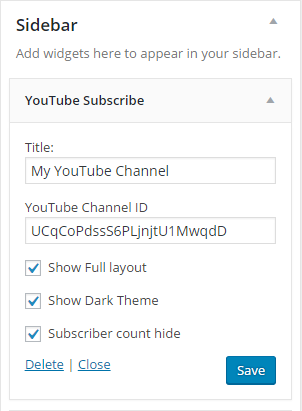 YouTube Subscribe widget settings