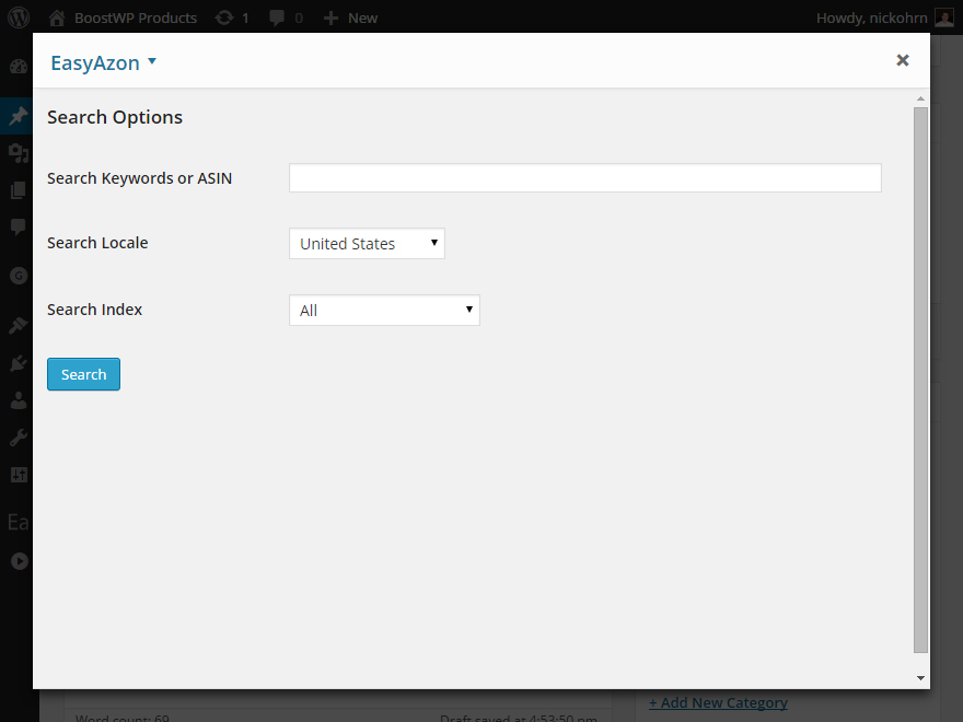 EasyAzon's search interface is easy to use - enter your search terms, select your desired locale, and off you go!