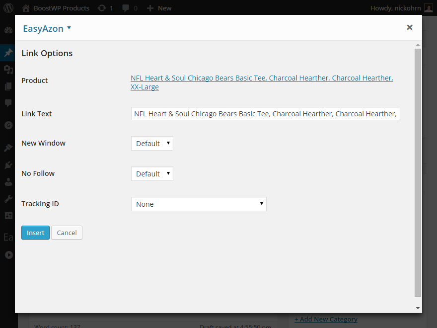 Specify link text, select your Amazon Associates Tracking ID, and change the desired link options. After that, click *Insert Shortcode*