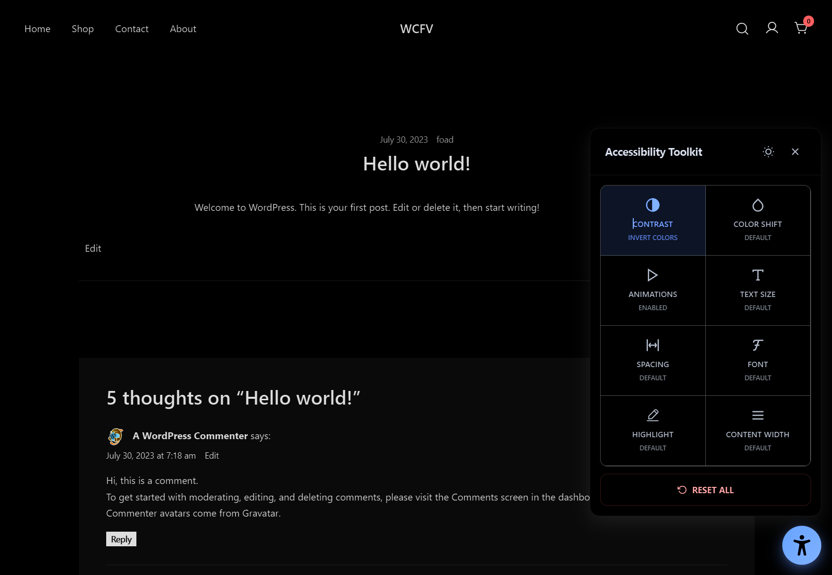 High-contrast mode applied on a typical content page.