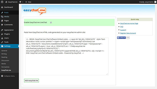 **WordPress Plugin** - Screenshot shows the plugin installed EasyChat.me