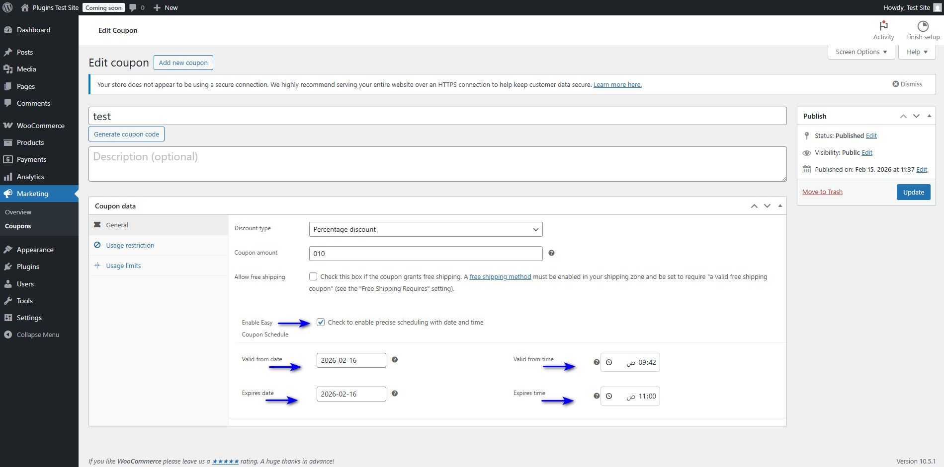 Enabled schedule fields with date and time inputs