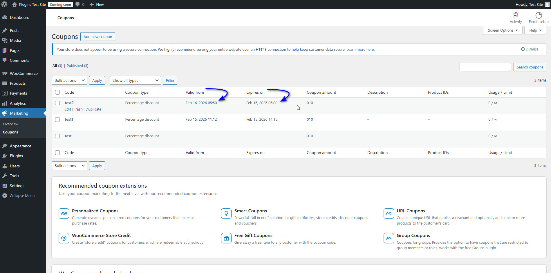 Coupons list showing Valid from and Expires on columns