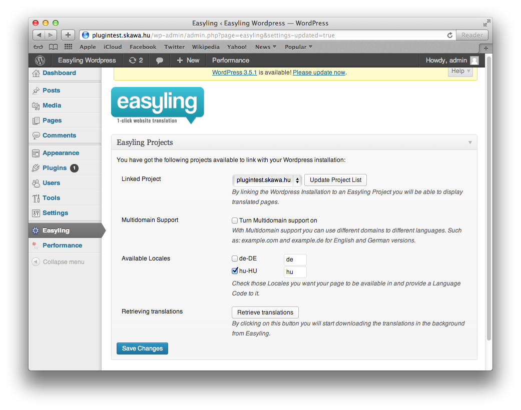 This screenshot displayes the configuration settings of Easyling for WP. Simple and straightforward.