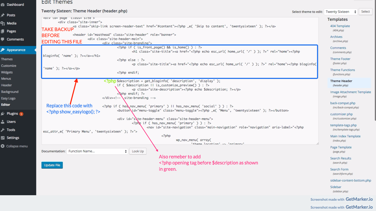 An example for adding easylogo in twentysixteen theme.