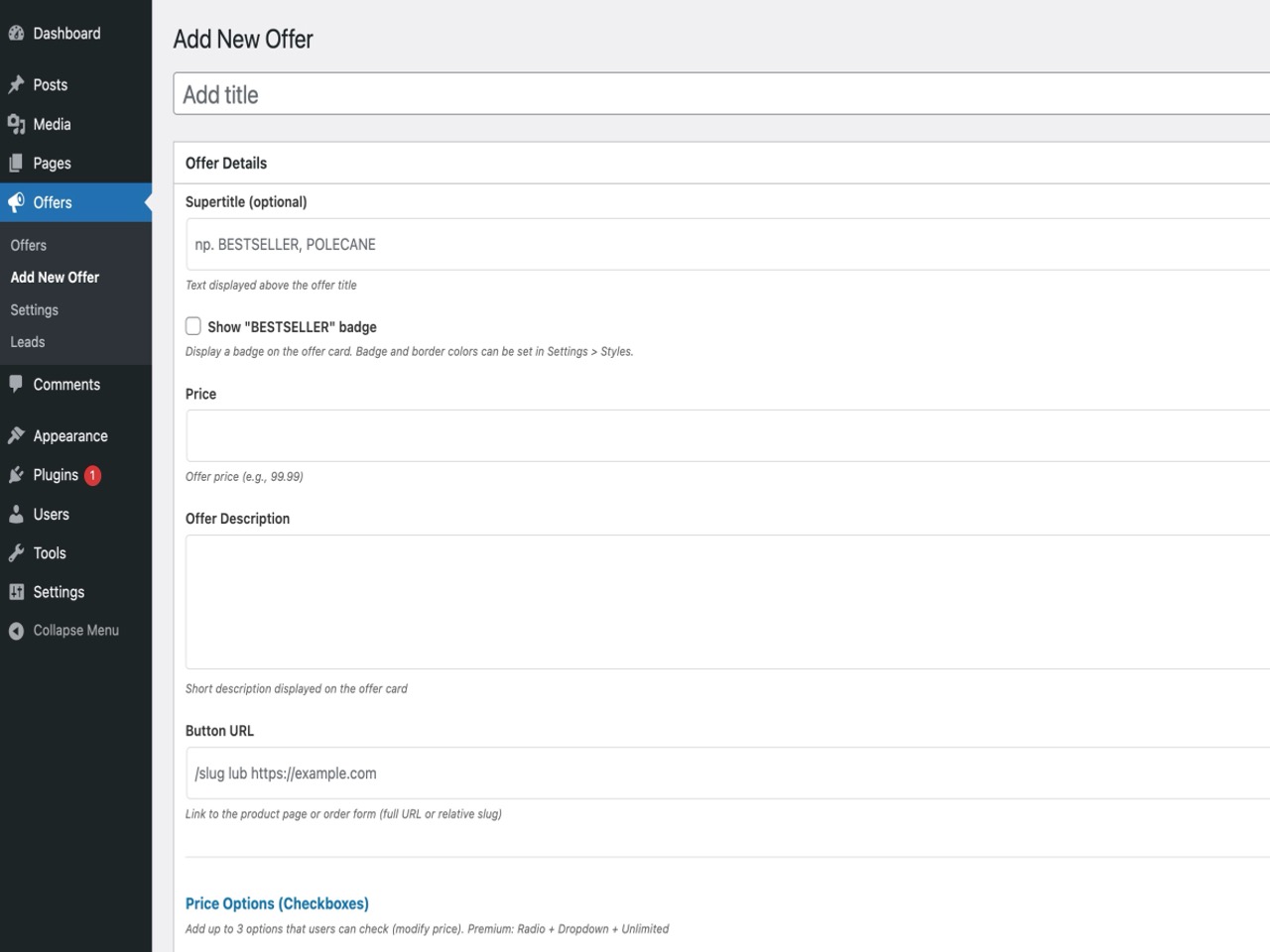 Admin panel - Creating a new offer with metaboxes