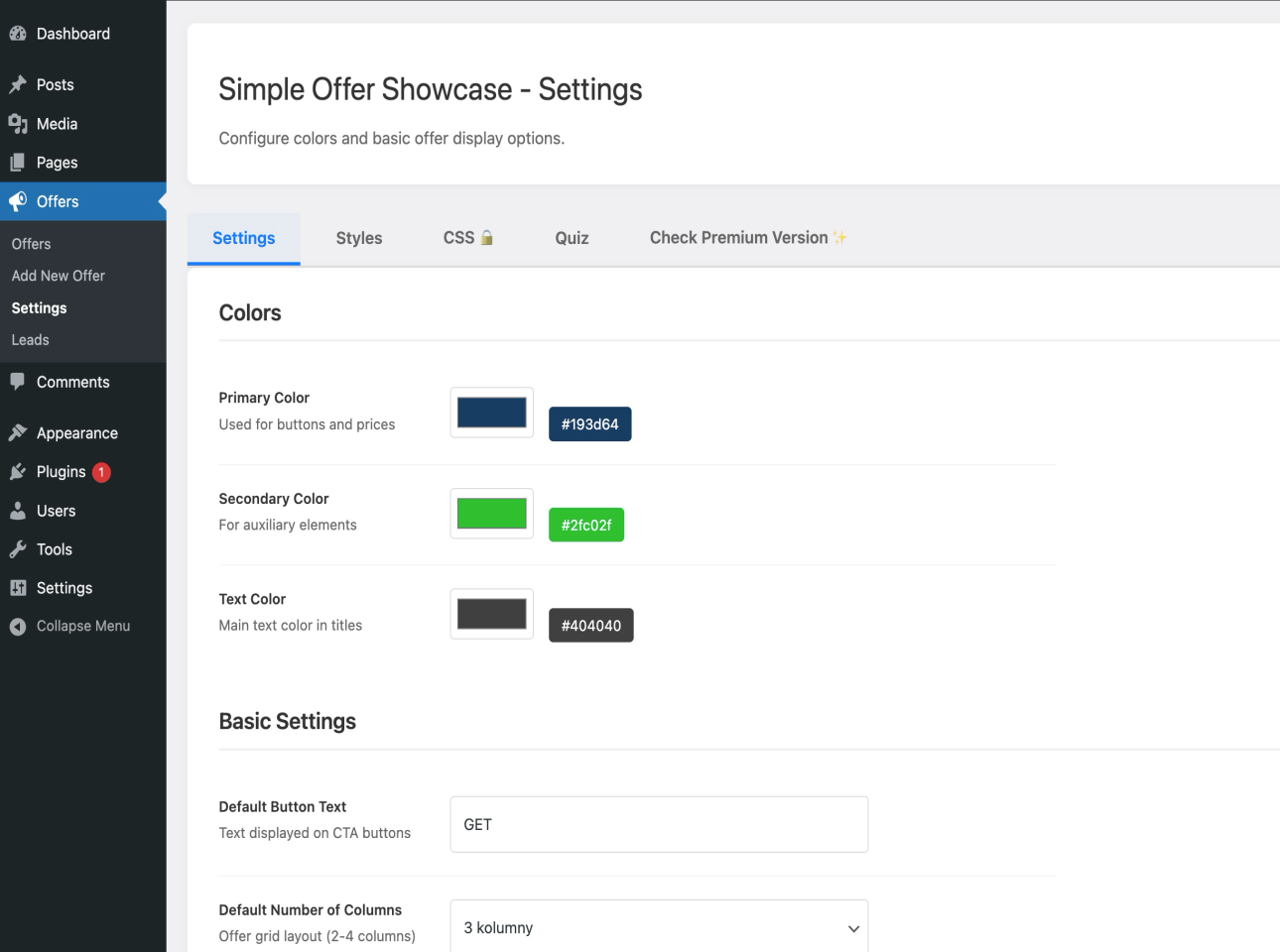 Settings page - Color customization interface