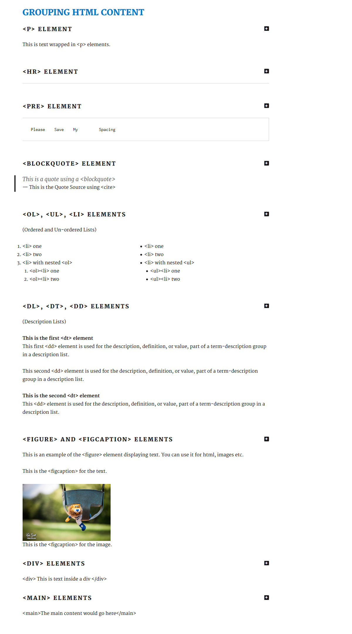 Elements for grouping HTML content.