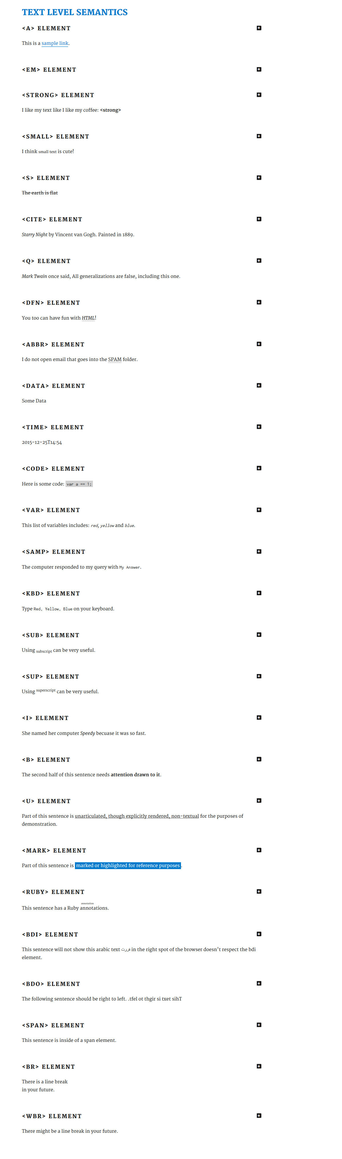 Elements for HTML text level semantics.