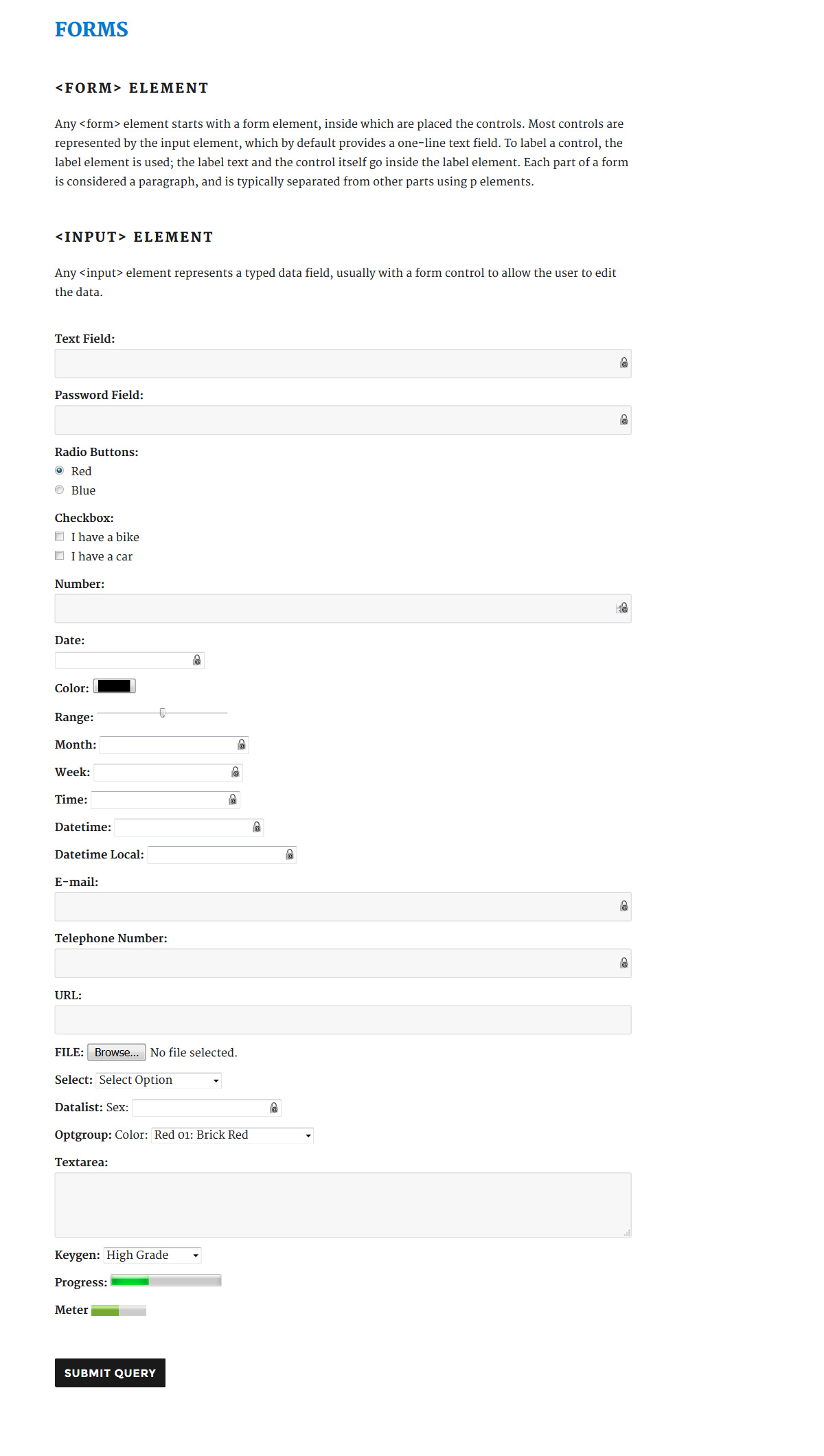 Elements for displaying HTML forms.