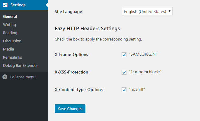 The Eazy HTTP Headers Settings section on the general settings page