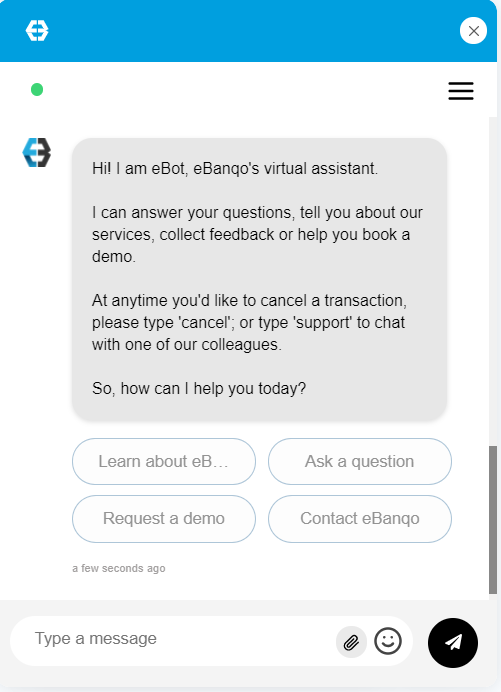 Chat window with the message from bot and quick replies option. Also shows the attachment icon - (screenshot-3.png)