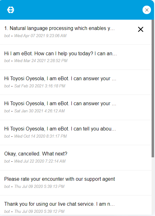 Chat history view for each chat session. You can click on each item to see the message history - (screenshot-4.png)