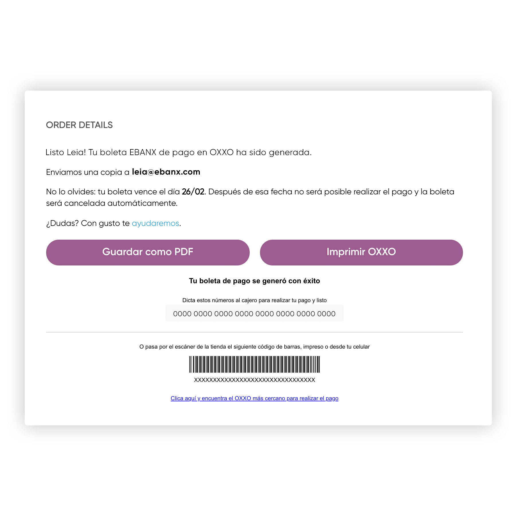 EBANX Features - Choosing the EBANX Plugin for WooCommerce your Latin American customers will be able to pay with local methods, such as boleto, OXXO, baloto, etc. One type of cash payment method that can be printed or a virtual voucher like this image above.