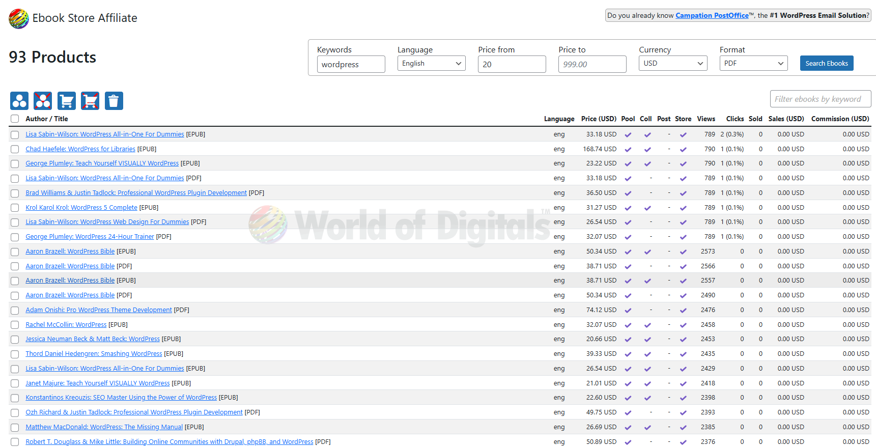 Select up to 1,000 ebooks from the product database, add them to collections and see statistics for each ebook