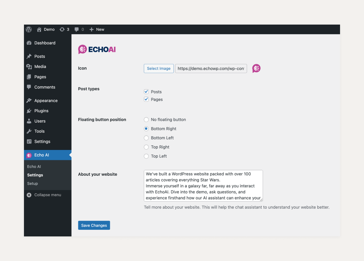 Settings panel