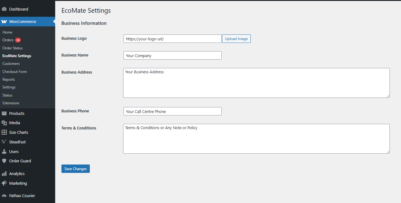 **Settings Page**: Configure your business information.