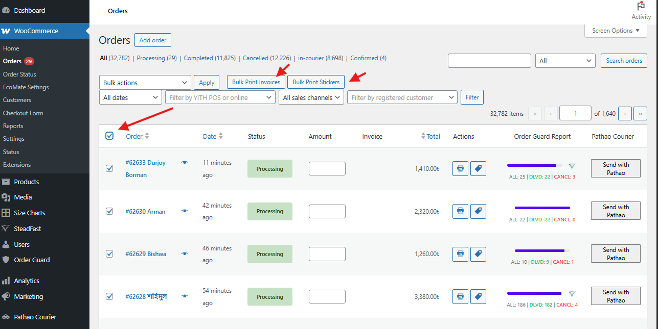 **Bulk Actions**: Bulk print invoices or stickers from the order list.