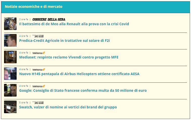 Example of economic & market news with small images, in Italian.