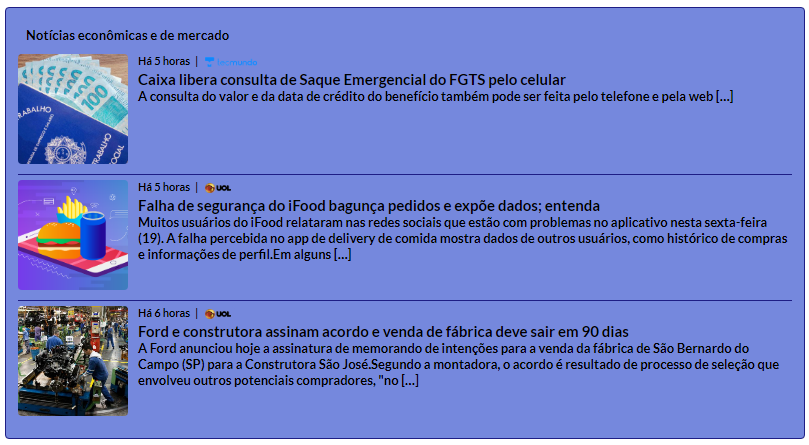Example of economic & market news with images and description, in Portuguese.