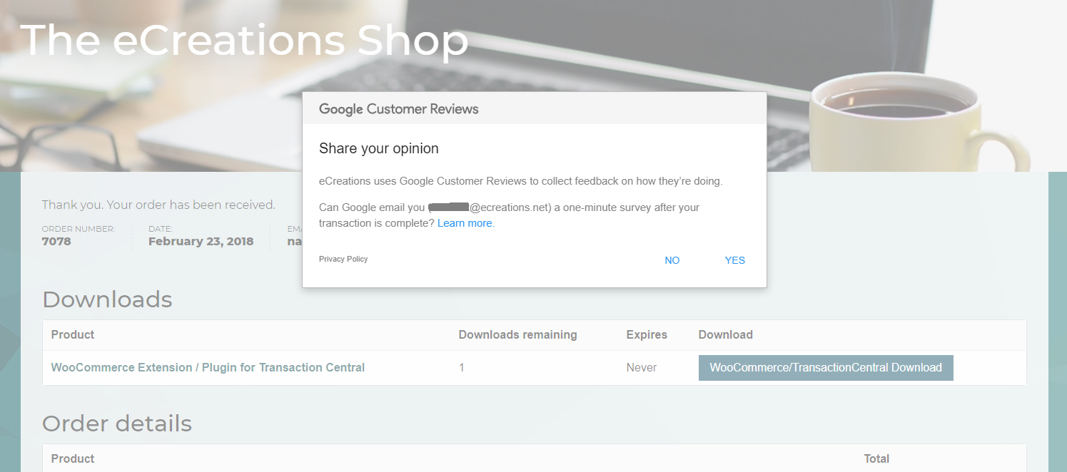 The Survey Opt-in popup on the Thank You (Order Received) Page